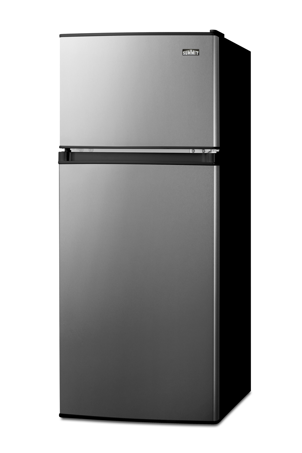 Two-door ENERGY STAR certified refrigerator-freezer in an ADA compliant height with user-reversible fingerprint-free stainless steel look doors, manual defrost, and dial thermostat